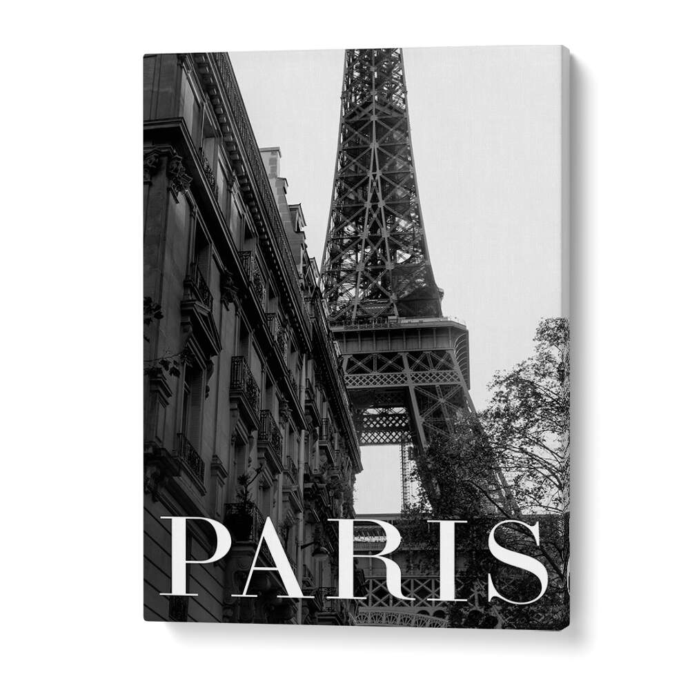 Elegant depiction of the Eiffel Tower with bold text, showcasing the PARIS TEXT I, TRAVEL POSTERS for your decor.