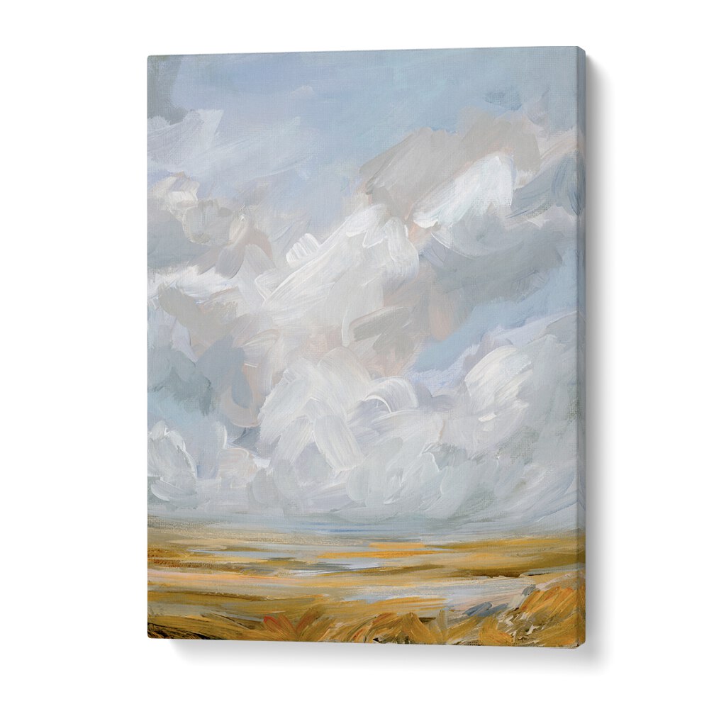 PRAIRIE SKY, ABSTRACT PAINTINGS features serene clouds and golden landscapes, perfect for enhancing any space.