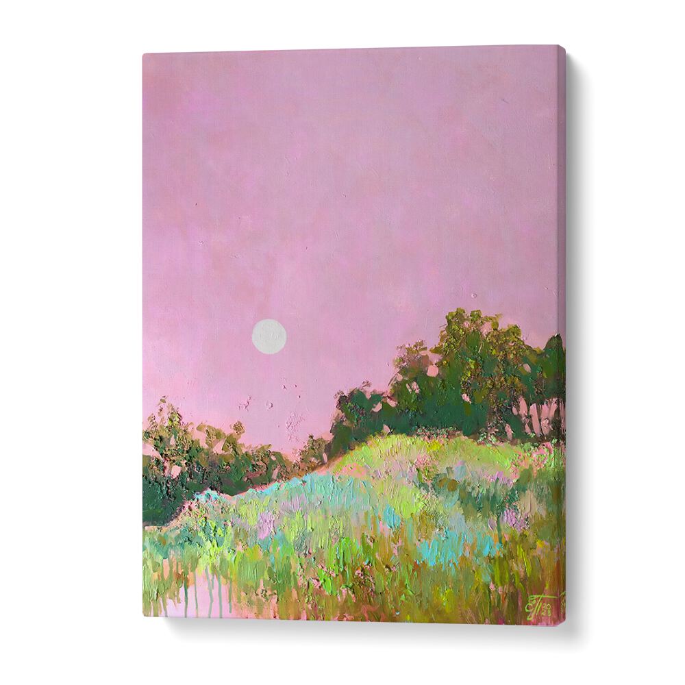 Serene PINK GREEN HILLS, LANDSCAPE PAINTINGS featuring soft pink skies and lush green hills for a tranquil ambiance.