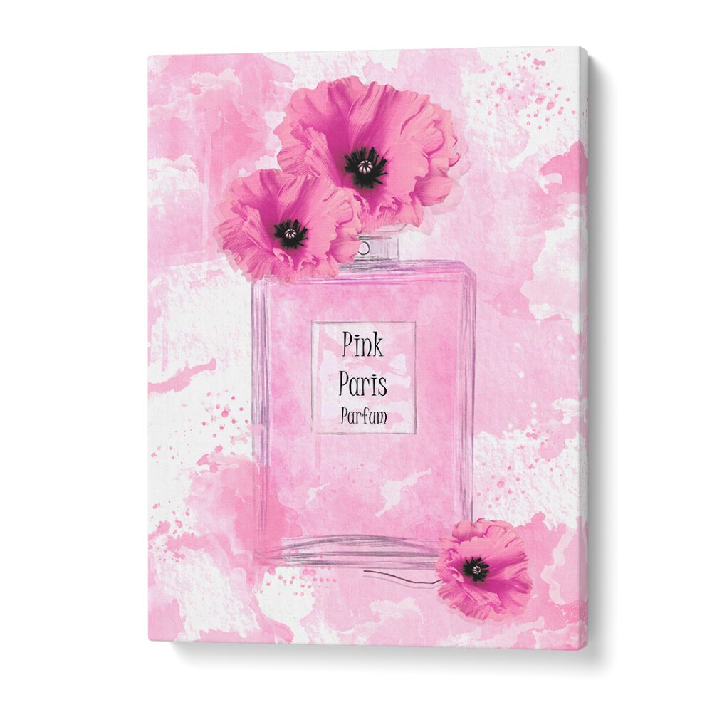 Stylish PINK PARIS PARFUM, FASHION POSTERS featuring a luxurious perfume design with vibrant pink flowers.
