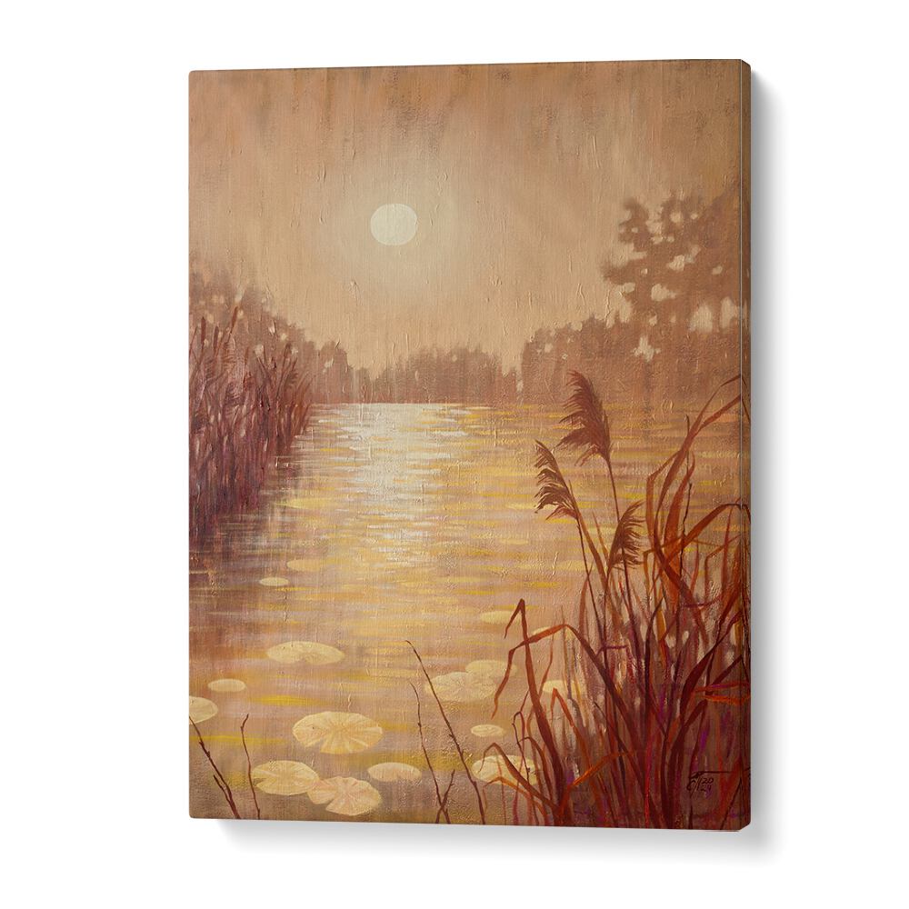 POND WITH REEDS AT SUNSET, LANDSCAPE PAINTINGS showcases serene water reflections and vibrant sunset hues for your home.