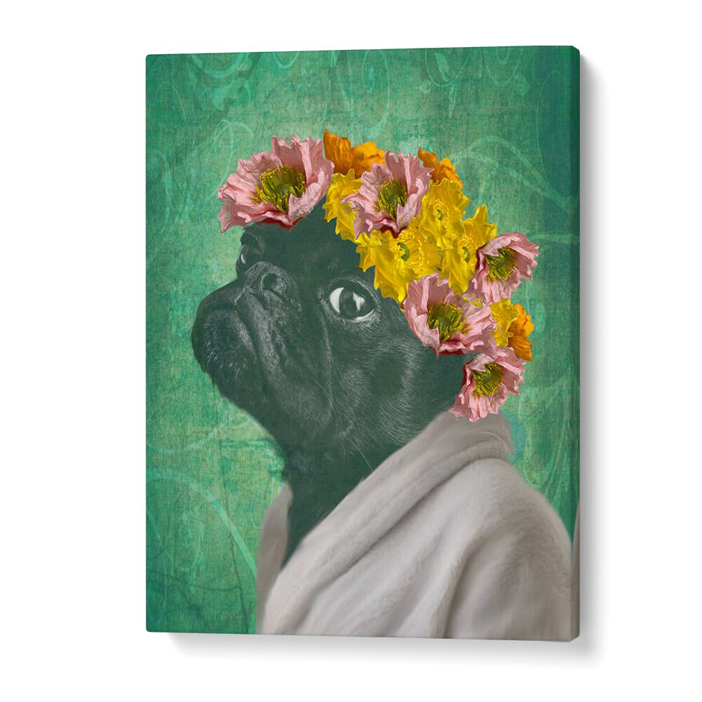 Charming PUG PORTRAIT, FASHION POSTERS featuring a stylish pug with floral accents, perfect for dog lovers.
