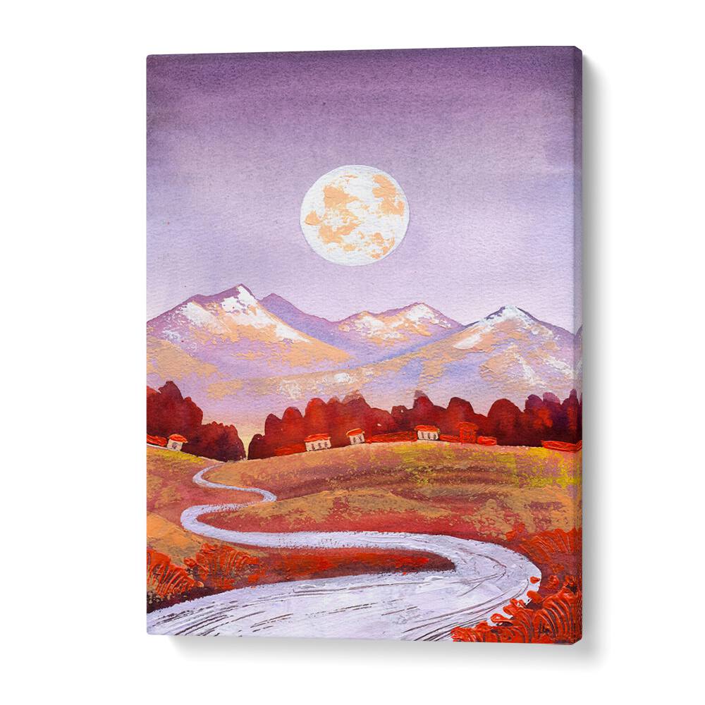 Captivating FULL MOON PURPLE LANDSCAPE PAINTINGS showcase serene mountains under a dreamy purple moonlit sky.