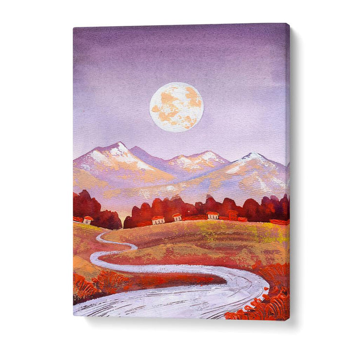Captivating FULL MOON PURPLE LANDSCAPE PAINTINGS showcase serene mountains under a dreamy purple moonlit sky.