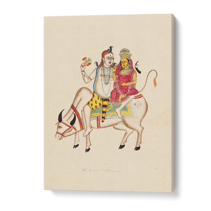 SHIVA AND PARVATI SEATED ON NANDI , INDIAN ART PAINTINGS