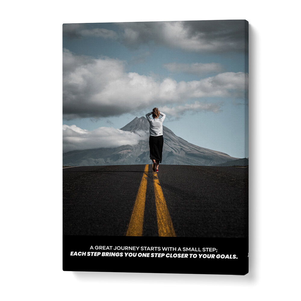 SMALL STEPS , QUOTES posters: runner on a road toward mountains with bold typography, motivational art.