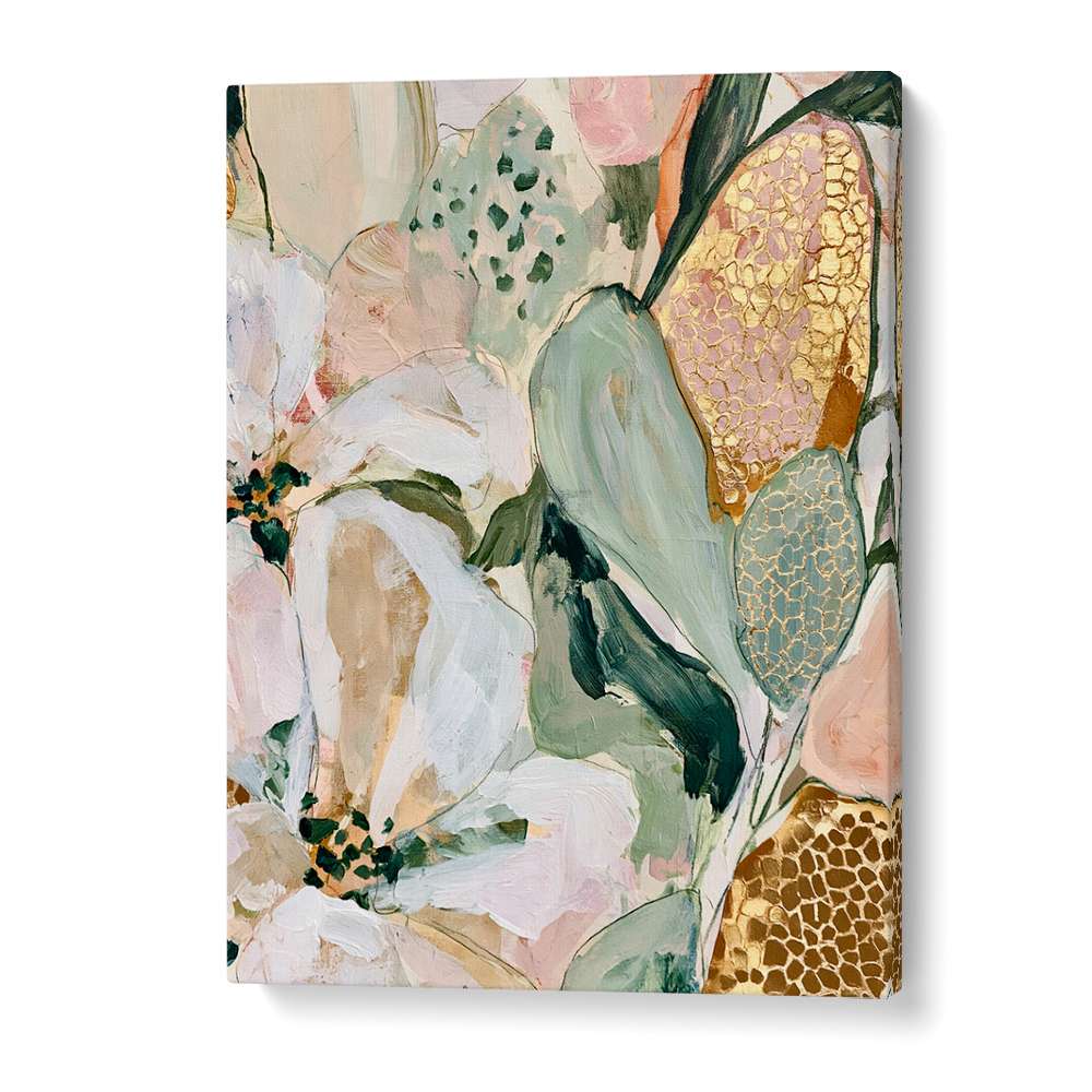 Abstract floral canvas wall art featuring soft pink, white, sage green, and gold painted petals with textured brushstrokes, shown at a slight angle against a white background.
