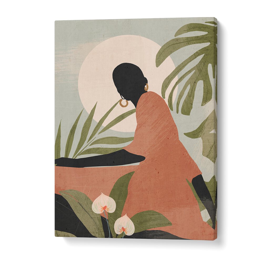 Serene Sunlit Silhouette, Boho Art Paintings, showcasing a beautiful figure amidst lush greenery and soft colors.