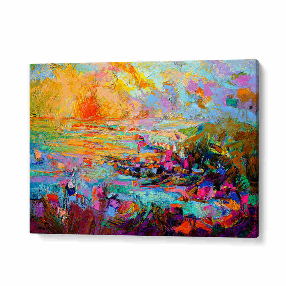 GalleryWrap SUNSET OVER , LANDSCAPE PAINTINGS—vibrant textured sunset coastal landscape in warm layered hues