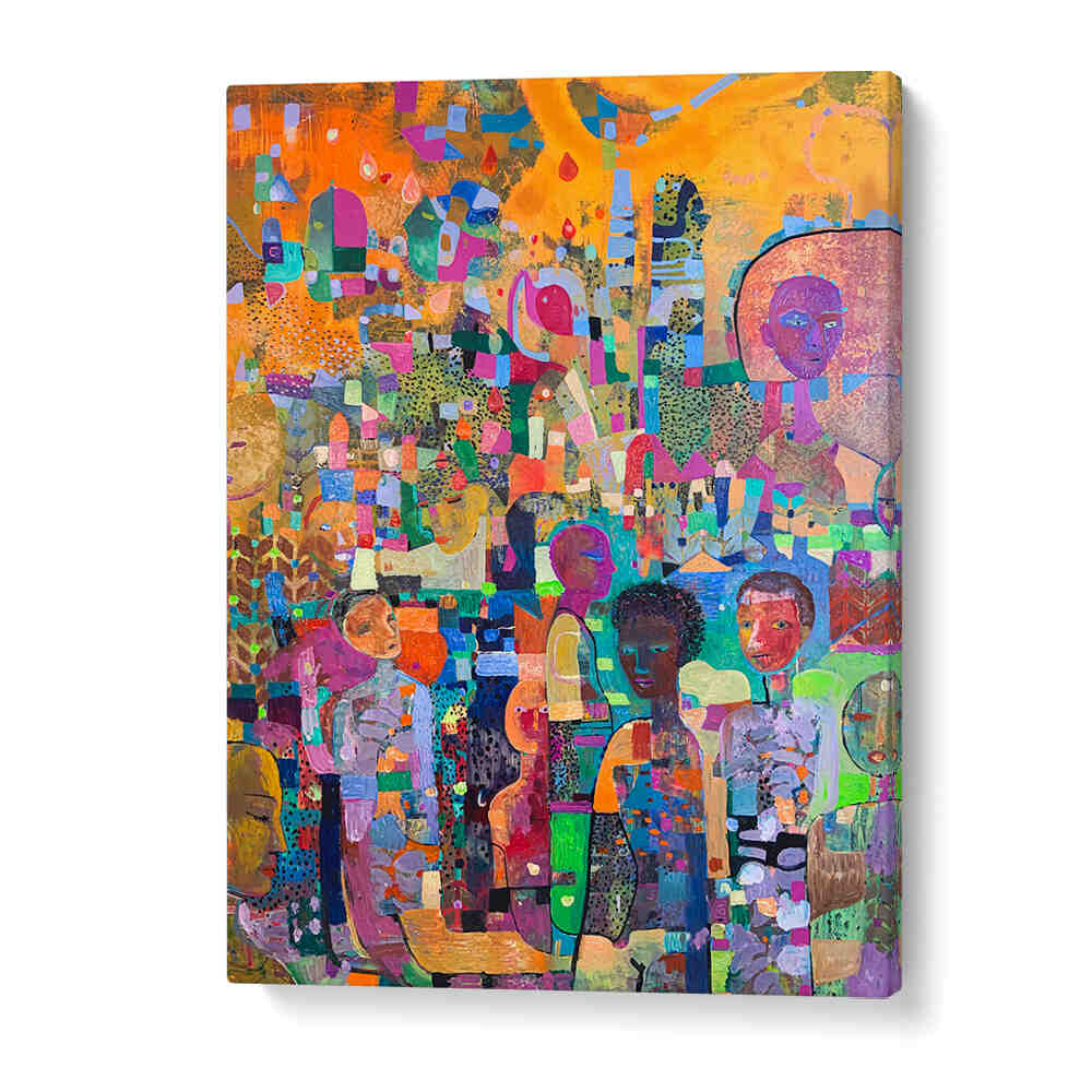 TAKE A KNEE , ABSTRACT PAINTINGS by GalleryWrap — colorful gestural abstract with layered textures and figurative silhouettes
