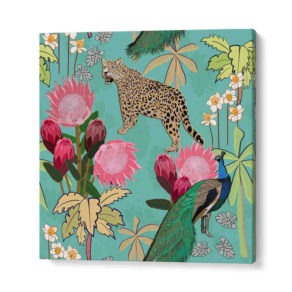 Gallery Wrap TIGER AND PEACOCK , ANIMAL PAINTINGS — tiger prowling and peacock among pink protea on teal canvas