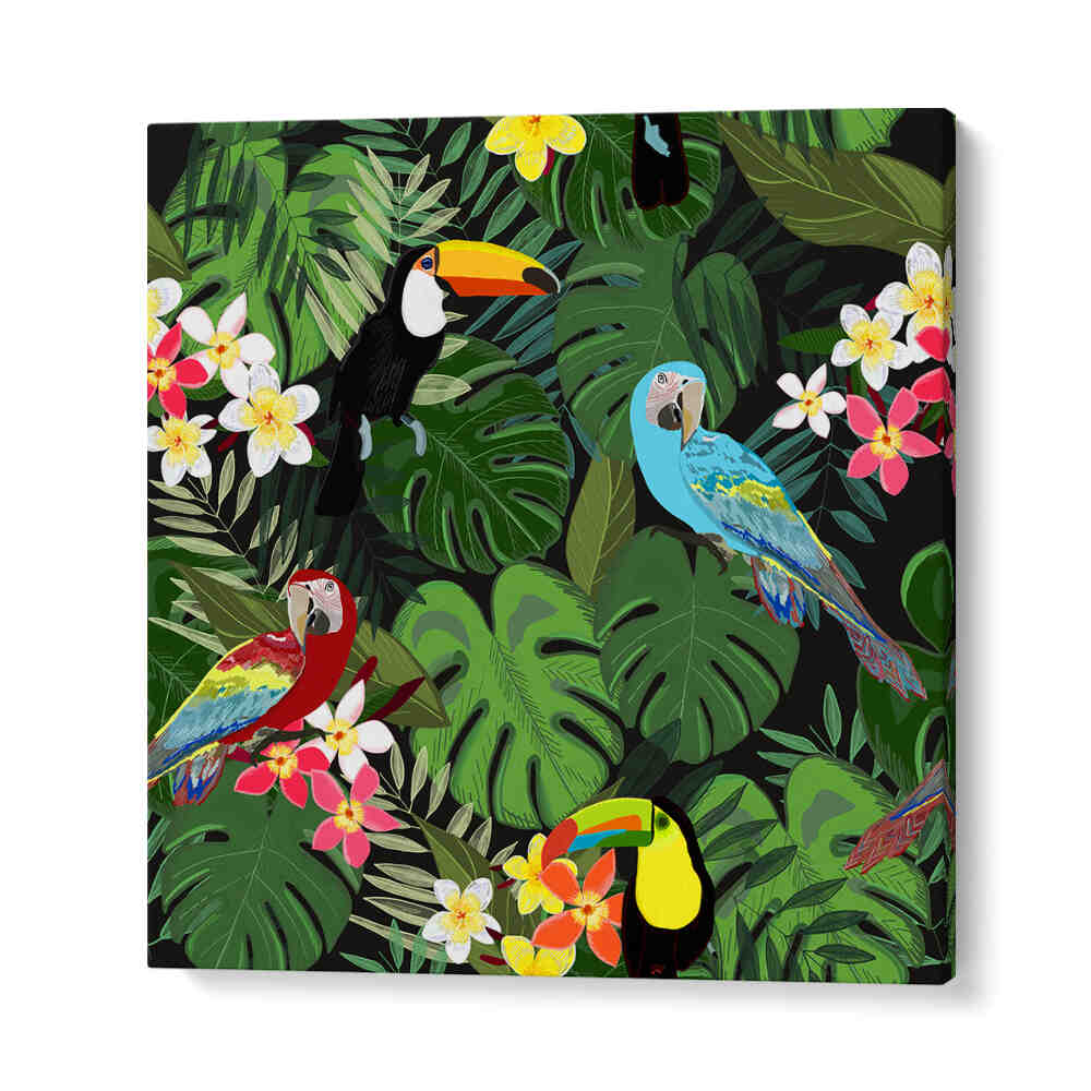 TROPICAL FOREST BLACK , ANIMAL PAINTINGS: colorful parrots and toucans among lush tropical leaves and flowers on black background