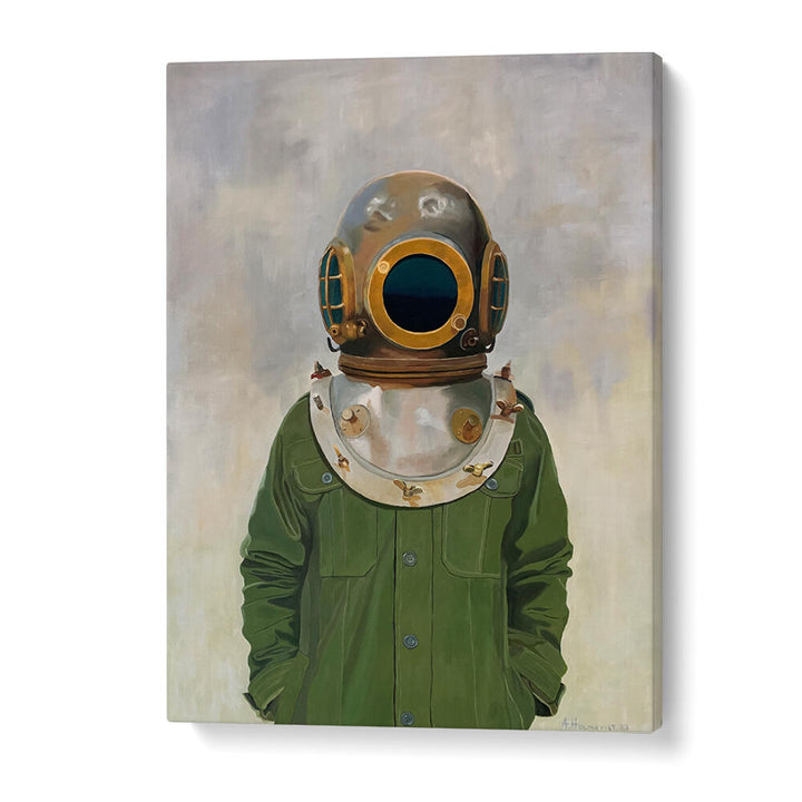 VINTAGE DIVER'S HELMET ON A PERSON , PORTRAITS & FIGURATIVE ILLUSTRATIONS