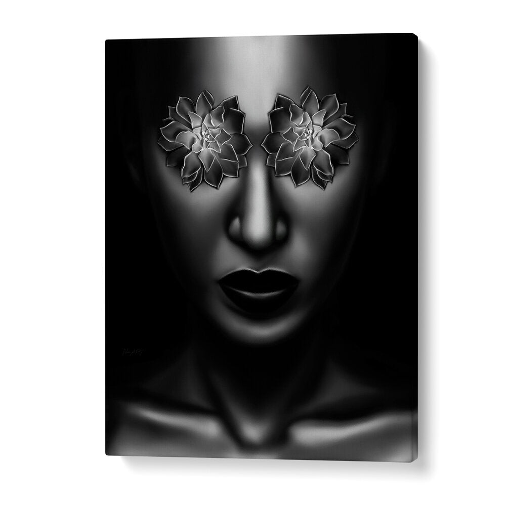 Bold black and white portrait featuring floral elements, showcasing YEUX FLEUR, POP ART PAINTINGS for vibrant decor.
