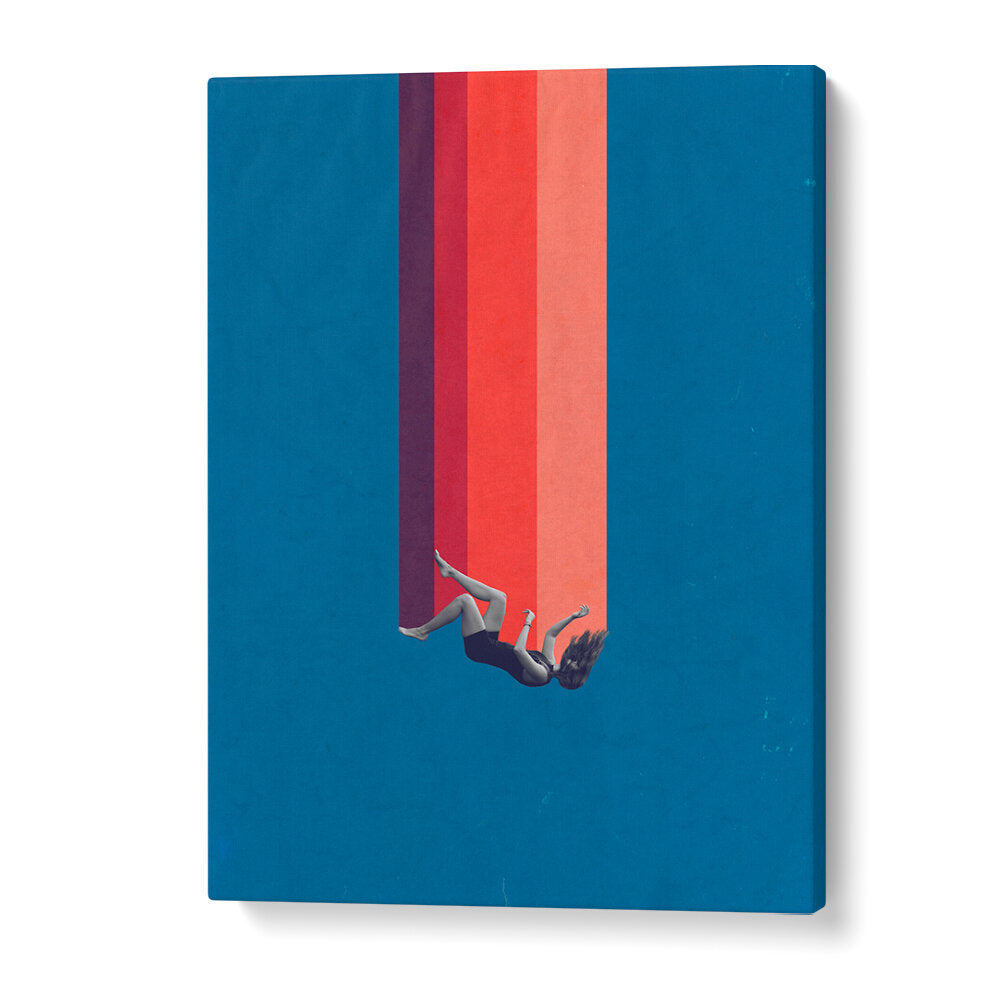 Surreal art print "FALLING LOVE" features a figure in freefall, vibrant colors capturing emotions at Imagery Store.