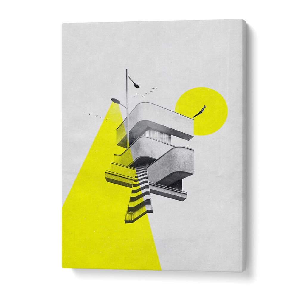 Surreal art print titled "FIRST STEP," featuring abstract architecture and bold colors, perfect for modern decor.