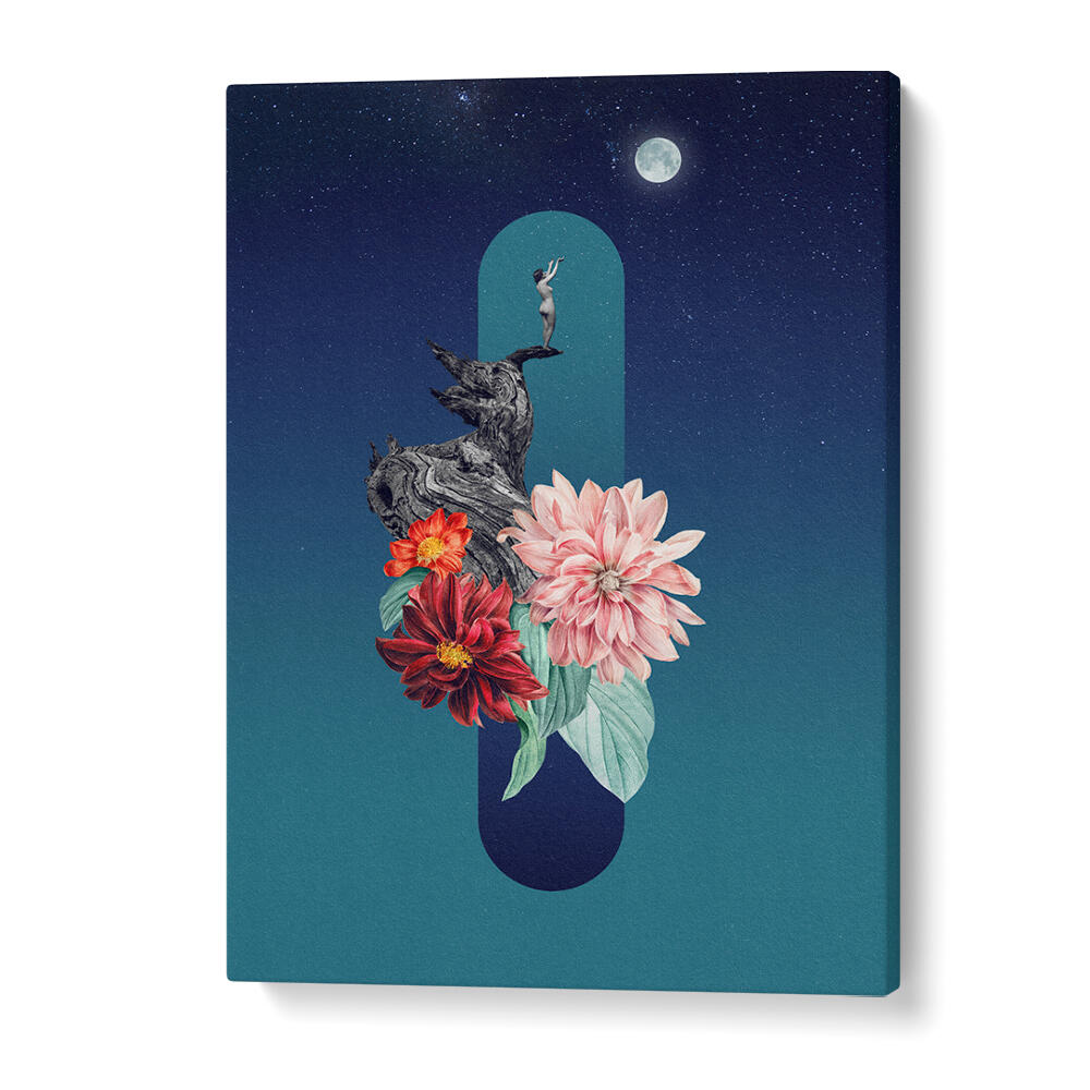 Surreal art print featuring a full moon, flowers, and a figure, perfect for unique decor. FULL MOON, SURREAL ART PRINTS.