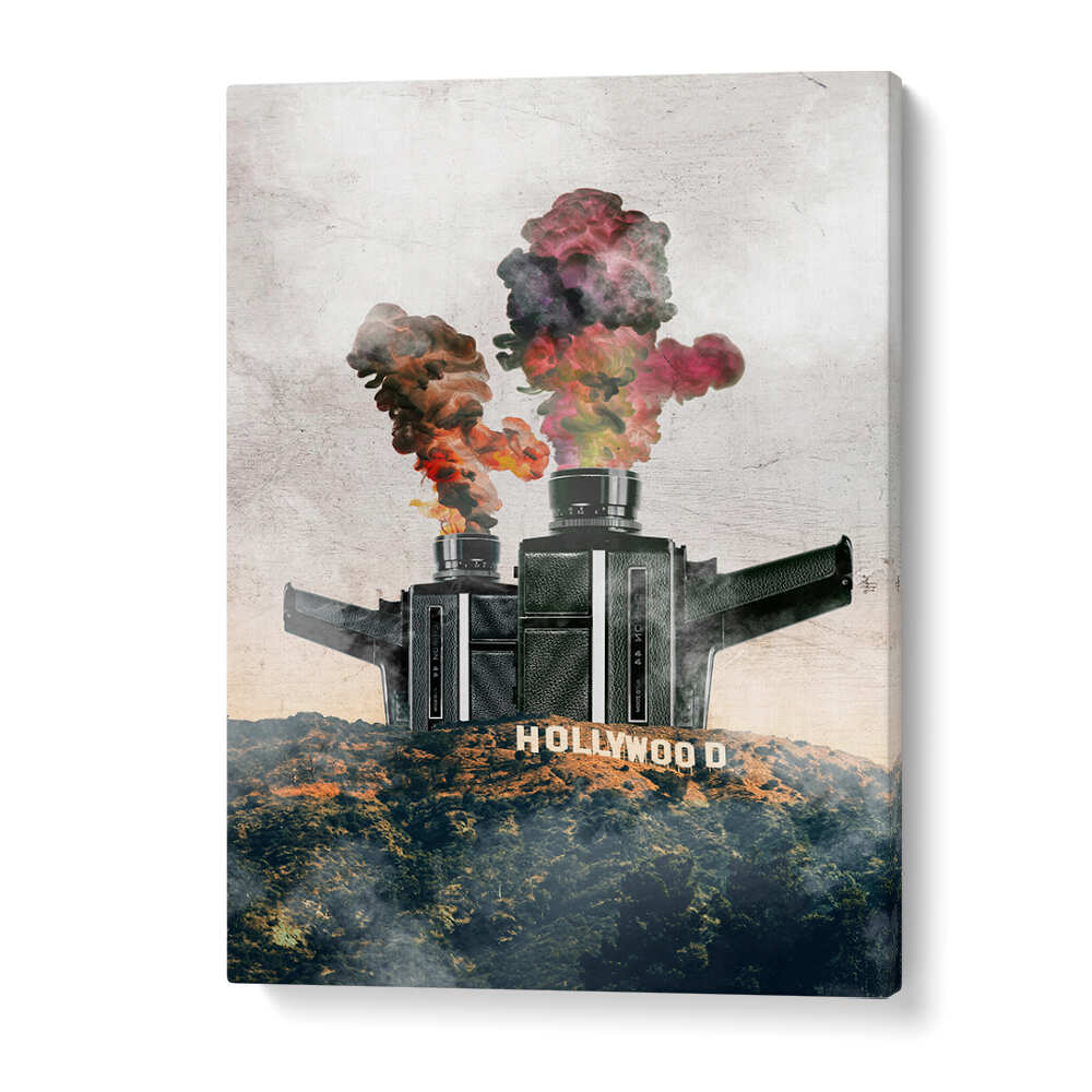 Surreal depiction of Hollywood with colorful smoke, showcasing unique HOLLYWOOD, SURREAL ART PRINTS for art lovers.
