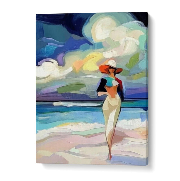 Elegant WOMAN ON THE BEACH artwork capturing confidence and charm, perfect for summer gatherings or beach outings.