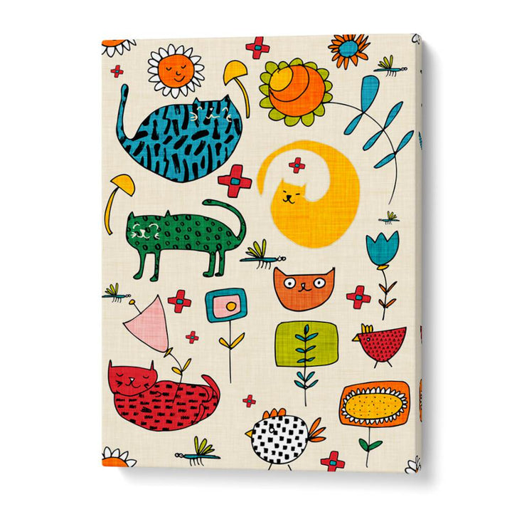 Colorful SPRING CAT BIEGE, KIDS ROOM PAINTINGS featuring playful cats and flowers, perfect for a vibrant kids' space.