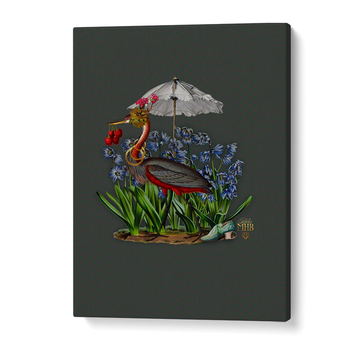 Whimsical ENCHANTED FOREST II, ANIMAL PAINTINGS featuring a heron amidst vibrant flowers and a charming umbrella.