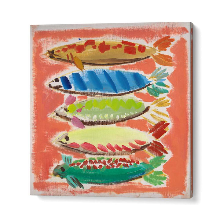 Colorful FIVE FISH, BEACH PAINTINGS showcasing coastal charm, perfect for enhancing beach cottage decor.