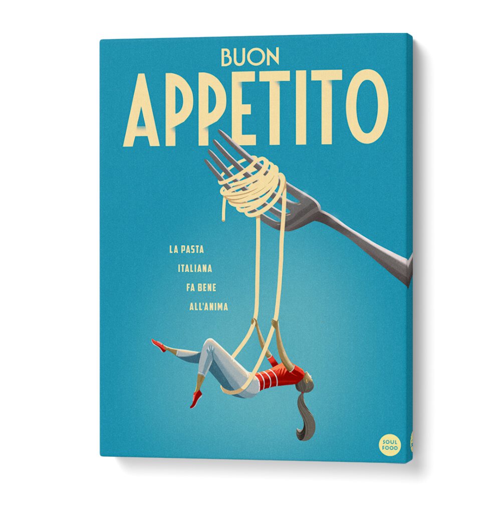 Colorful art featuring a fork and pasta, showcasing the BUON APPETITO, BAR & CAFE collection for joyful dining.