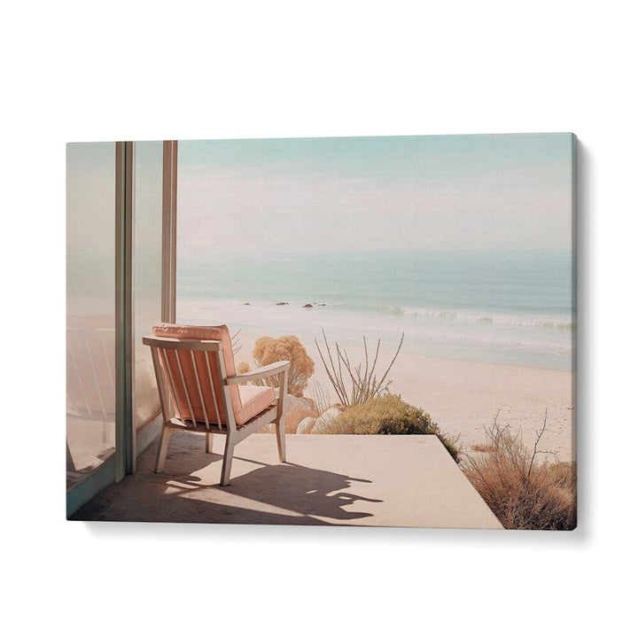 Tranquil scene of a chair overlooking the sea, embodying "ALONE IN THE OCEAN, BEACH PAINTINGS" by Philippe Hugonnard.