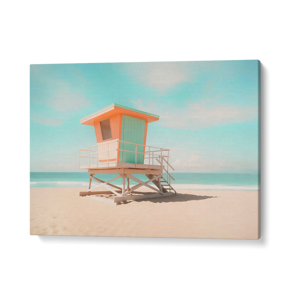 LIFEGUARD TOWER MOODS, BEACH PAINTINGS showcase a vibrant lifeguard tower against a serene beach backdrop.