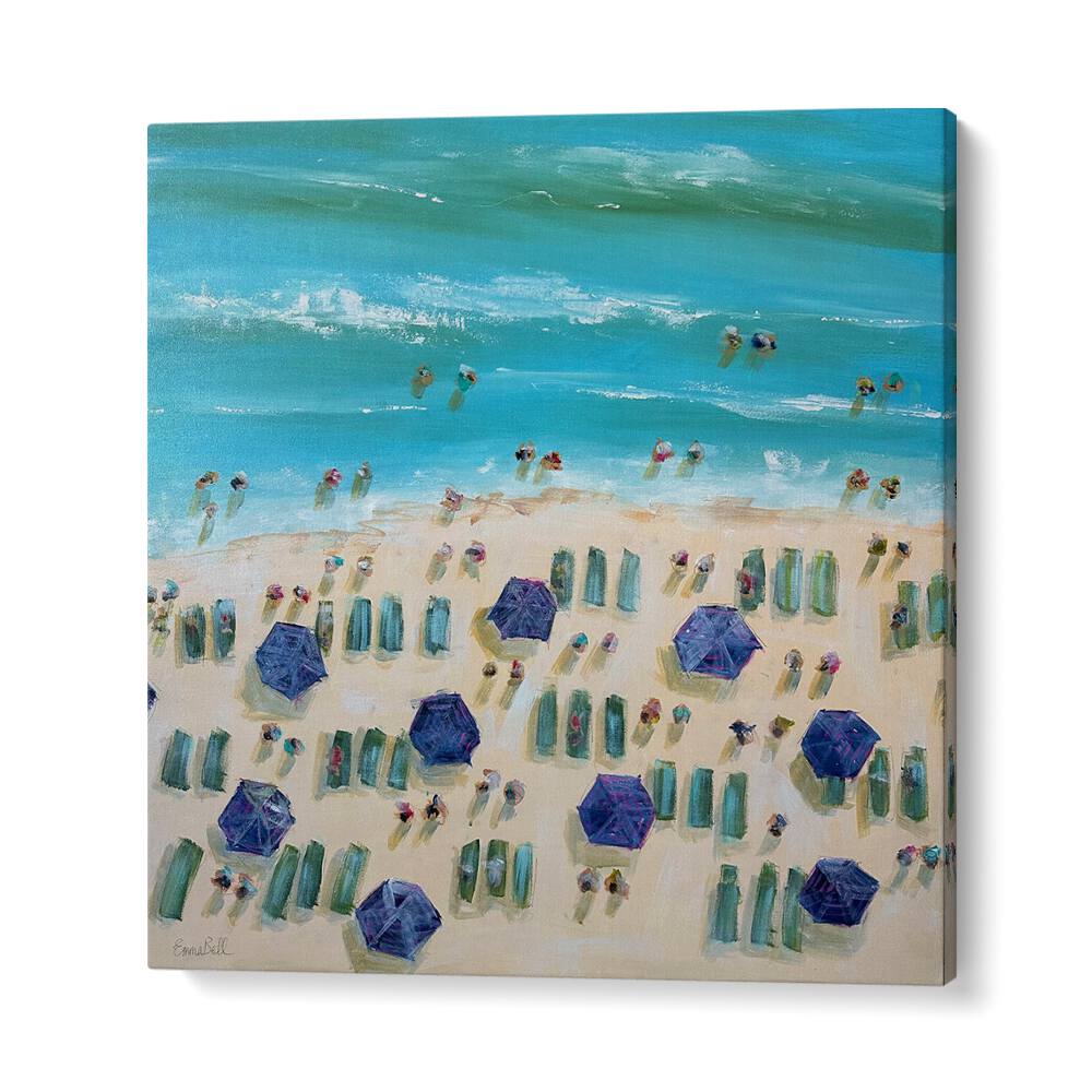 Colorful BEACH BLISS, BEACH PAINTINGS featuring umbrellas and sunbathers, perfect for coastal decor lovers.