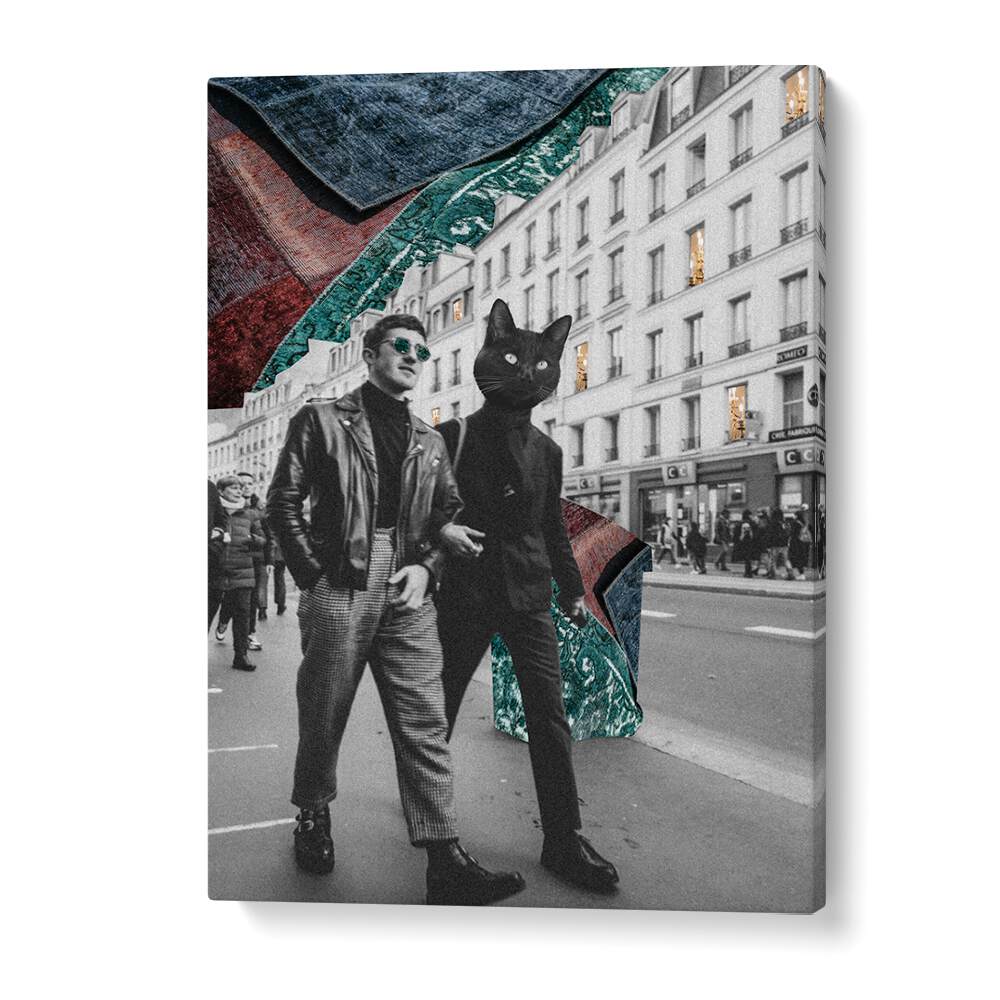 Surreal art showcasing a cat in the city, perfect for cat lovers. Discover CAT IN CITY, SURREAL ART PRINTS today!