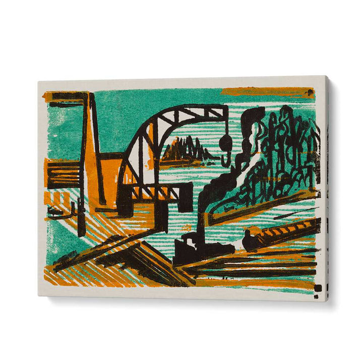 RIVER LANDSCAPE WITH CRANE AND BARGES (1927)  , VINTAGE PAINTINGS