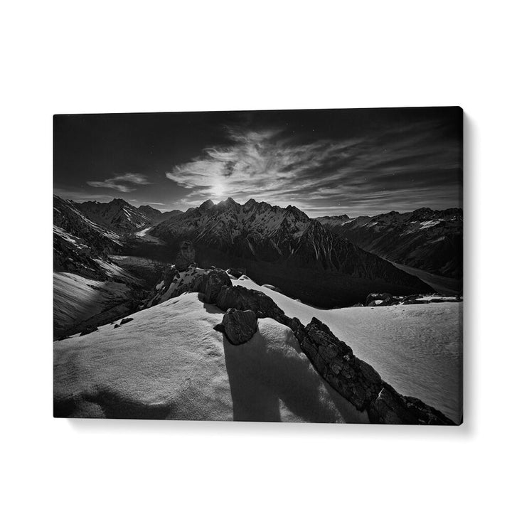 Stunning black and white photography prints of moonlight over Tasman Glacier, showcasing its majestic beauty.