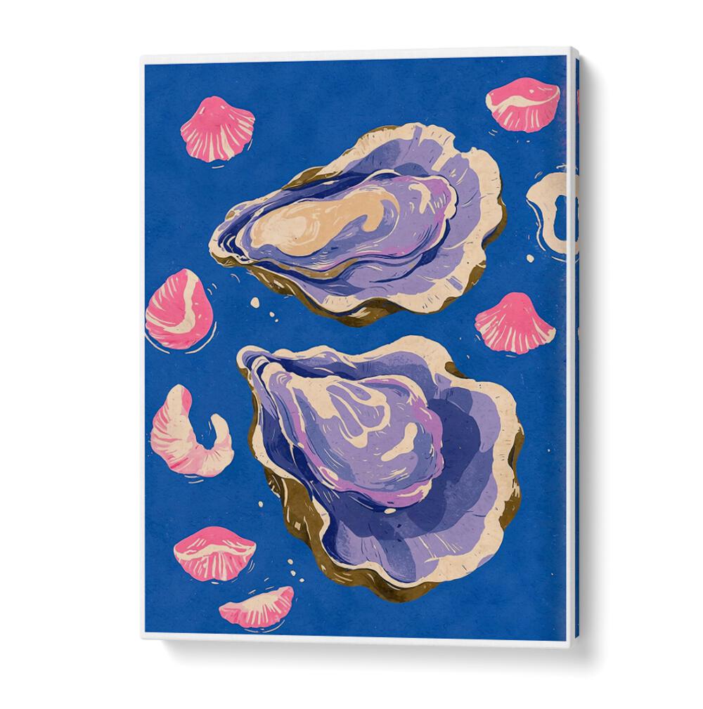 Colorful OYSTERS , BEACH PAINTINGS showcasing vibrant shells against a blue background, perfect for coastal decor.
