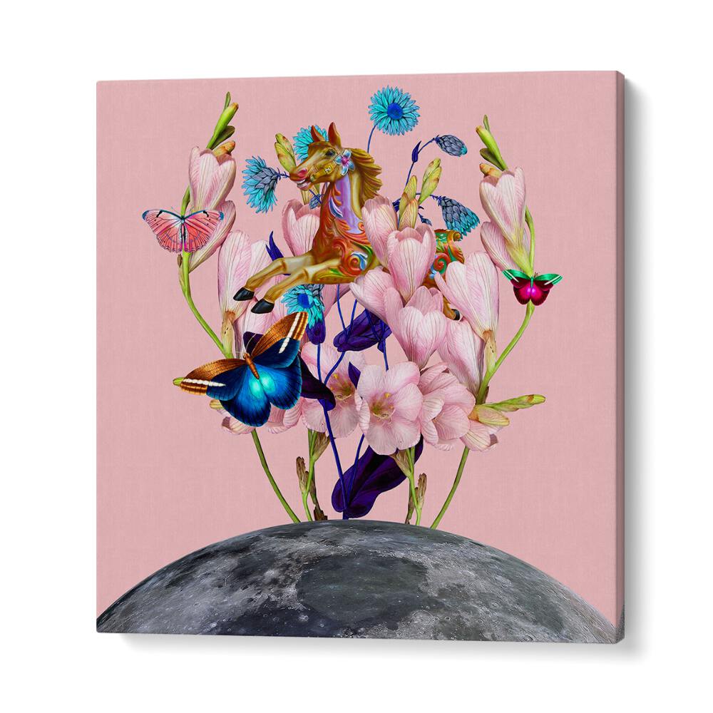 Colorful flowers and butterflies surround a mystical horse over the moon, showcasing FLYING HORSE OVER THE MOON, SURREAL ART PRINTS.
