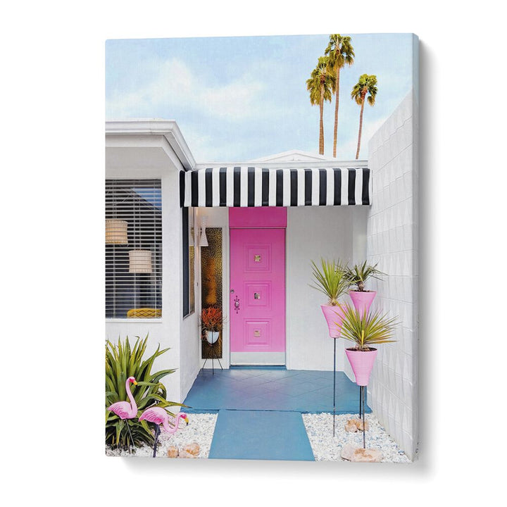 surreal painting - PINK DOOR WITH YARD FLAMINGOS by Asianmonk