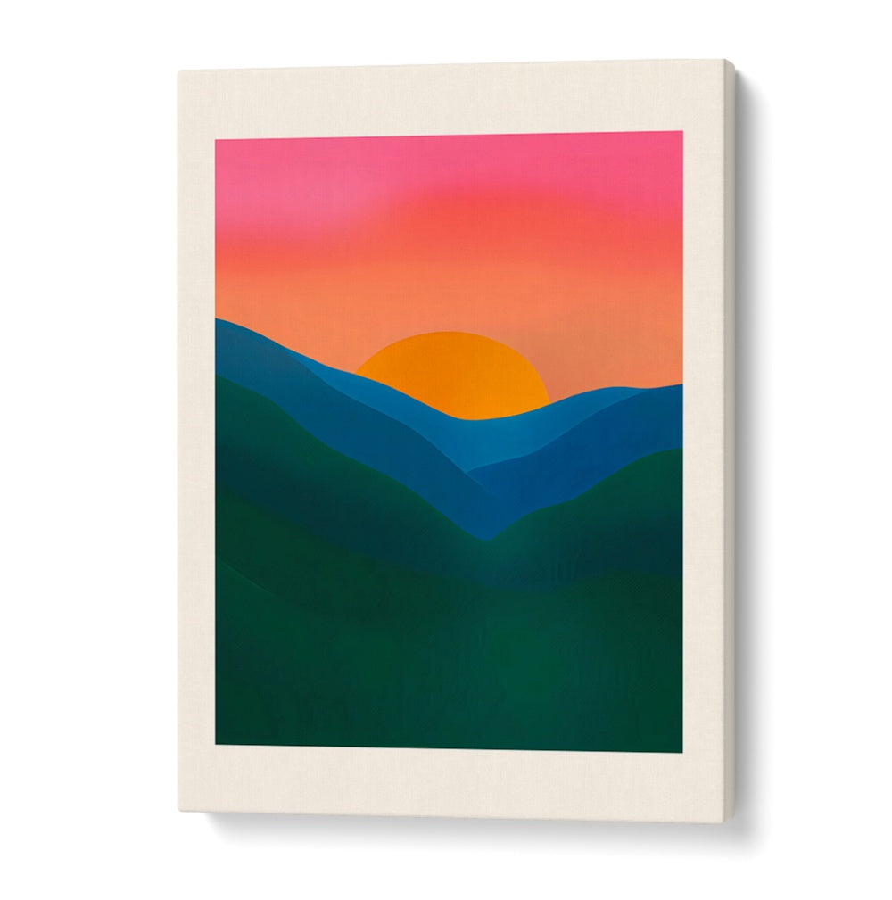 ECHO, Landscape Paintings showcase vibrant sunset over layered blue and green hills, adding calm to any space.