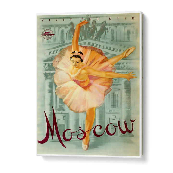 Moscow I Vintage Travel Posters showcase a graceful ballet dancer against iconic Russian architecture.