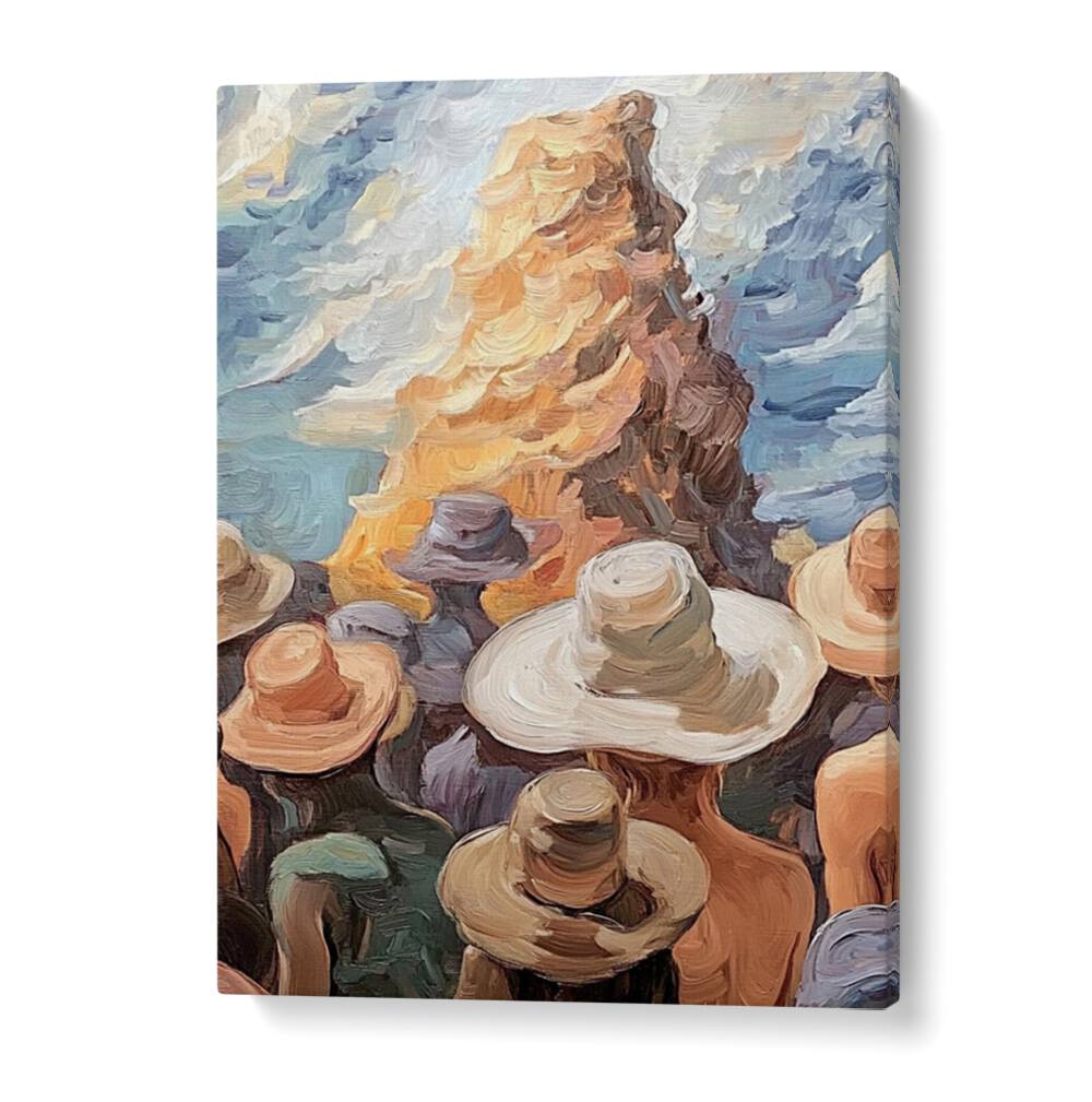 Stylish WOMEN WITH HATS gaze at a stunning landscape, showcasing a blend of fashion and art in this captivating scene.