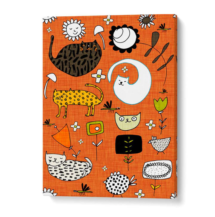 Colorful SPRING CAT ORANGE, KIDS ROOM PAINTINGS featuring playful cats and flowers, perfect for vibrant decor.