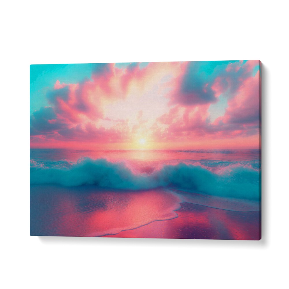 Vibrant sunset over waves exemplifying PASTEL PERFECTION, BEACH PAINTINGS by Philippe Hugonnard for serene decor.