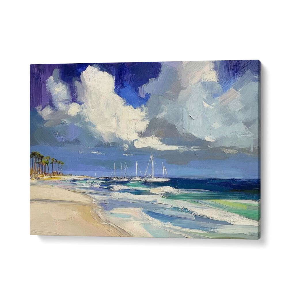 SAILBOATS ON THE BEACH II artwork showcases tranquil sailboats gliding on serene waters, perfect for coastal decor.