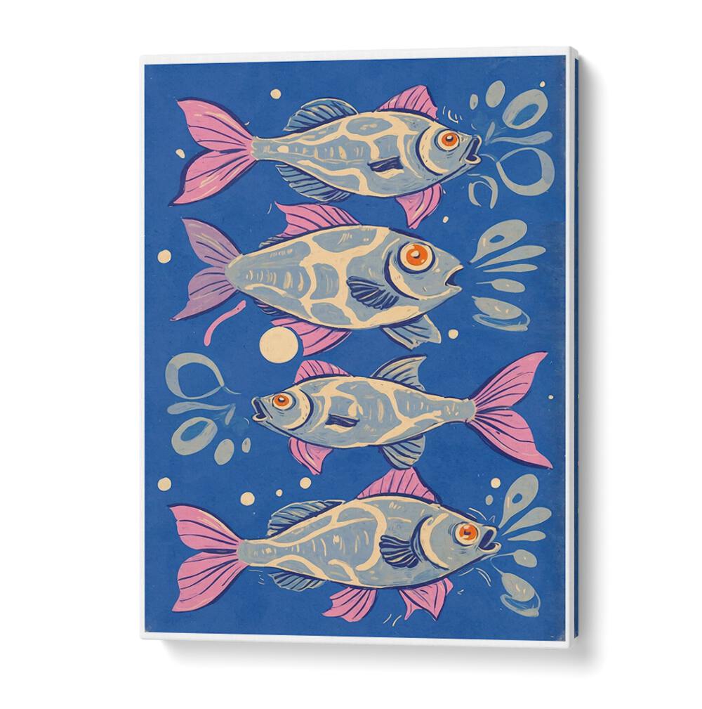 Brightly colored fish on a blue background showcase the beauty of OCEANIC LIFE - FISHES, BEACH PAINTINGS for your decor.