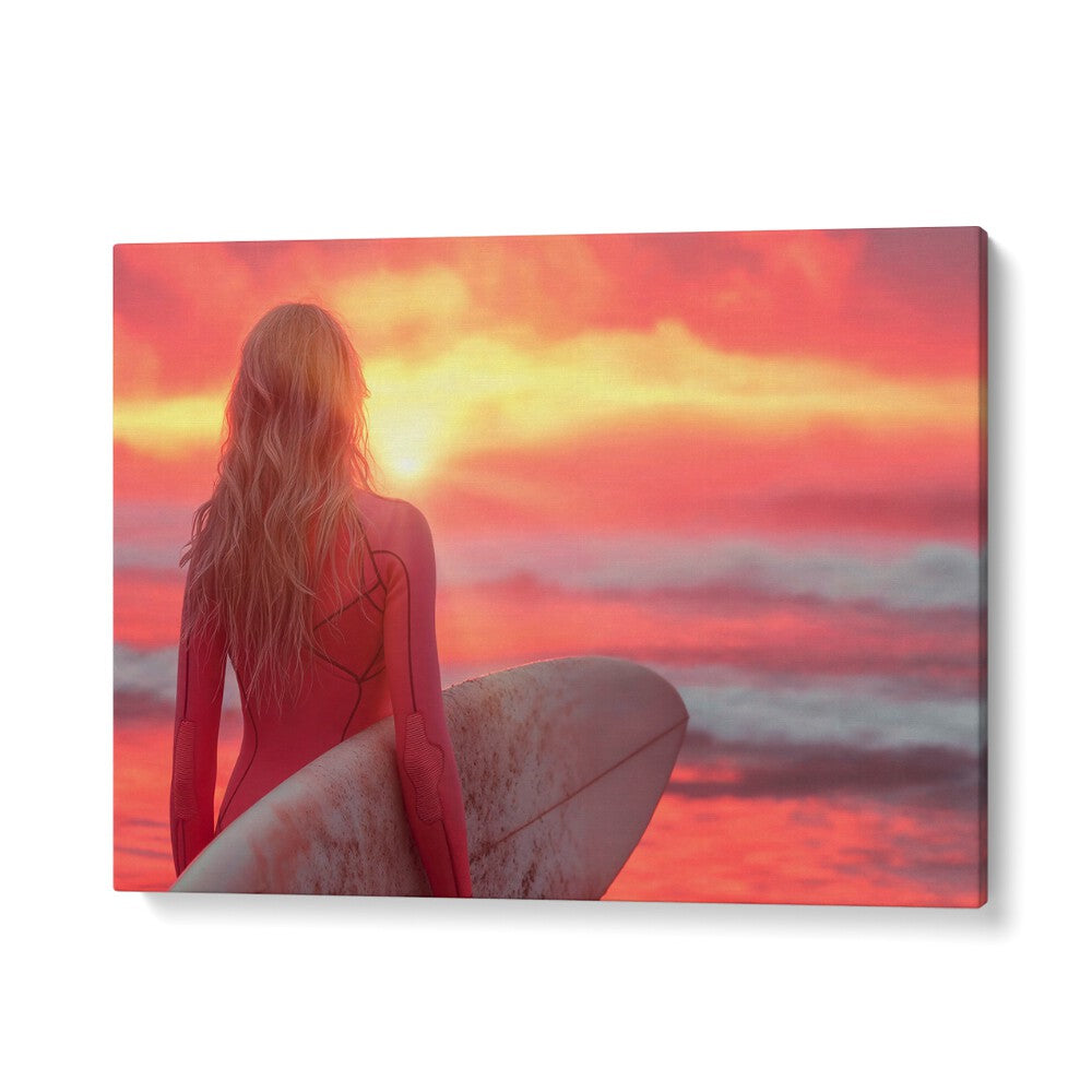 Surfer in red wetsuit gazes at sunset waves, showcasing SURFSIDE ELEGANCE, BEACH PAINTINGS by Philippe Hugonnard.