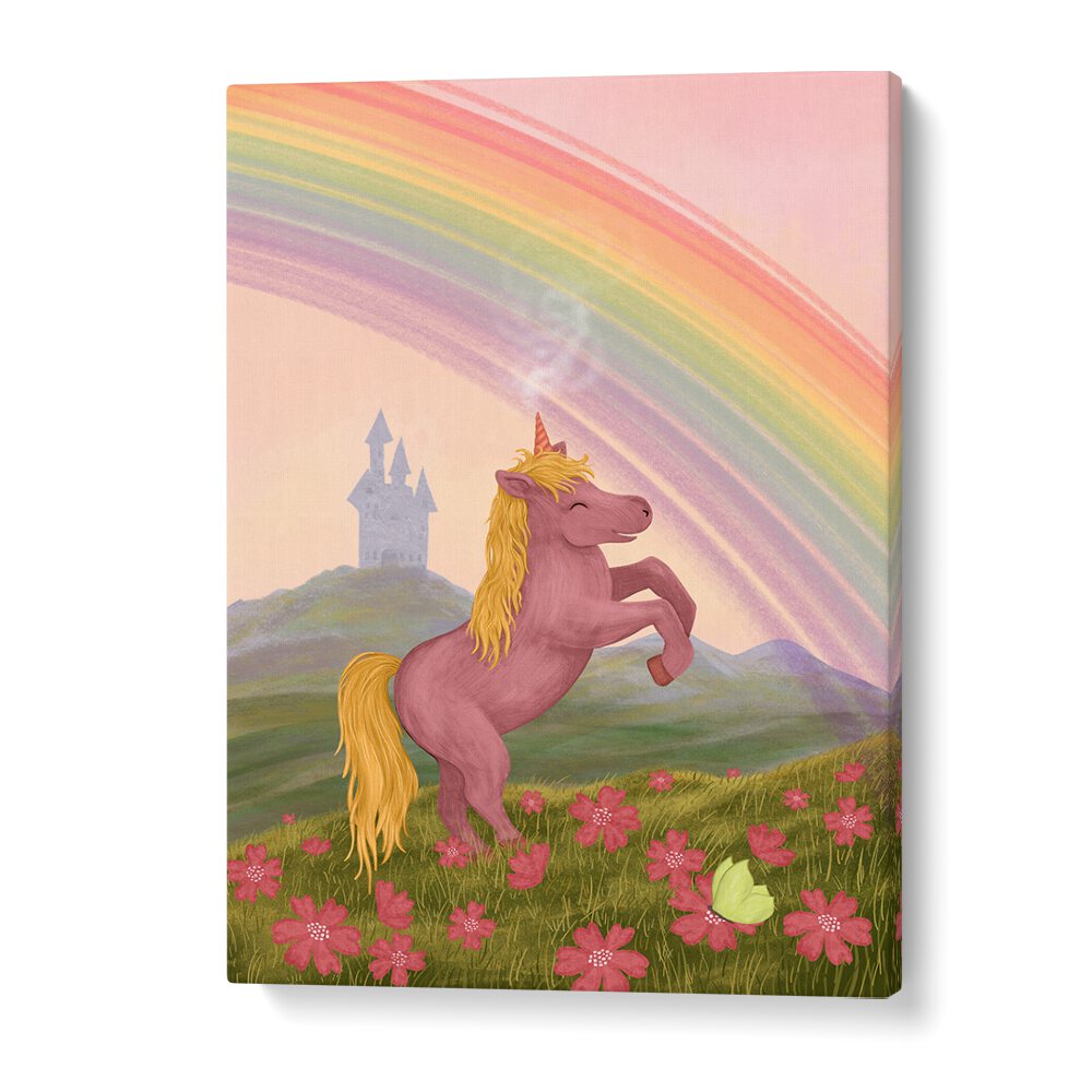 Rainbow Unicorn, Kids Room Paintings feature a playful unicorn amidst flowers and a castle under a vibrant rainbow.