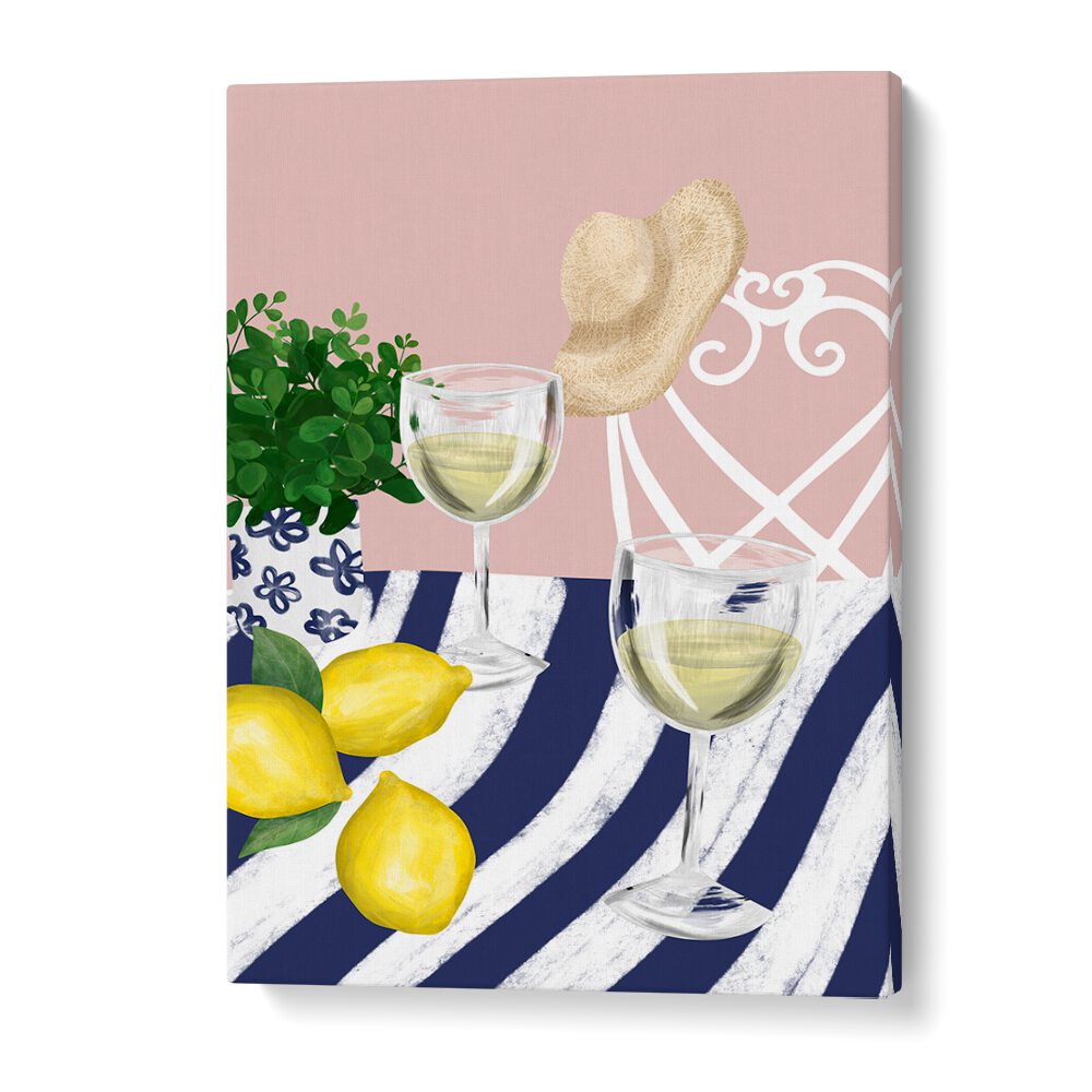 Artistic depiction of WHITE WINE FOR TWO, BAR featuring glasses, lemons, and a stylish café setting. Perfect for decor.