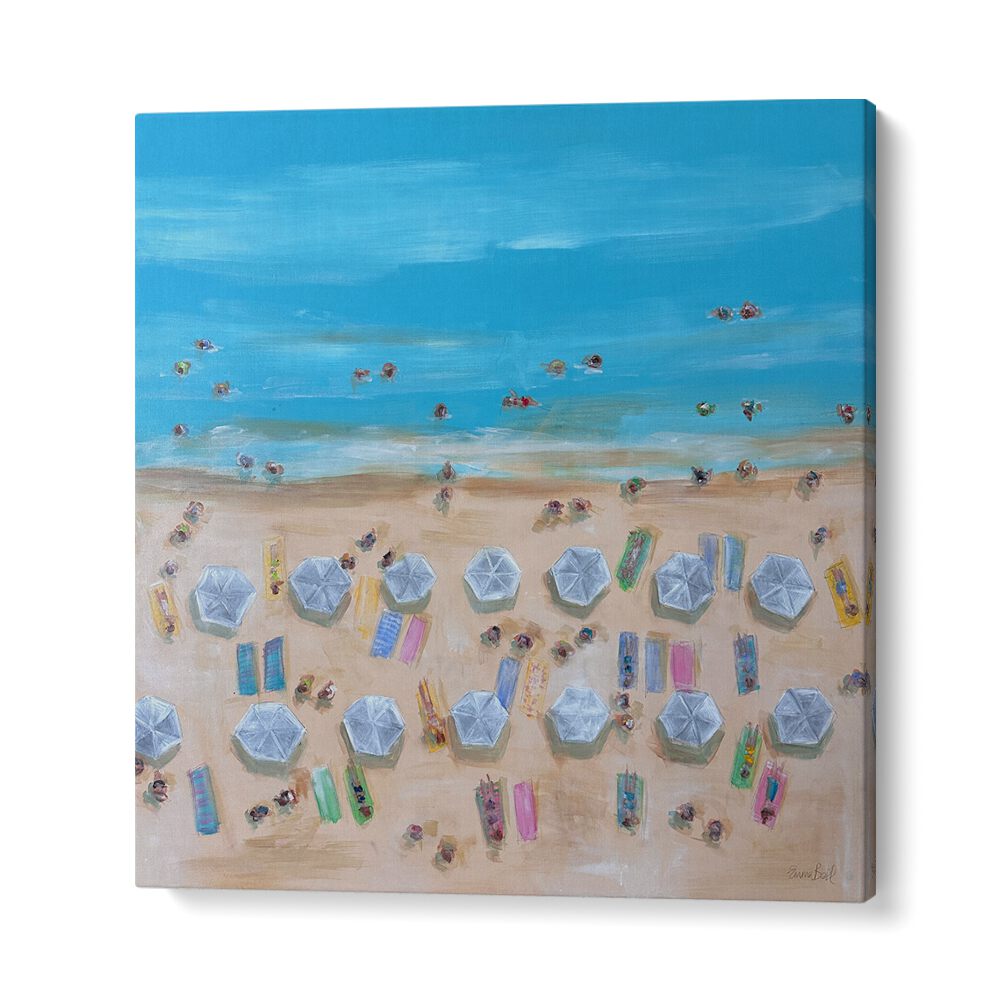 Vibrant BIRDSEYE WHITE UMBRELLAS, BEACH PAINTINGS capture sunny beach scenes, perfect for coastal decor.