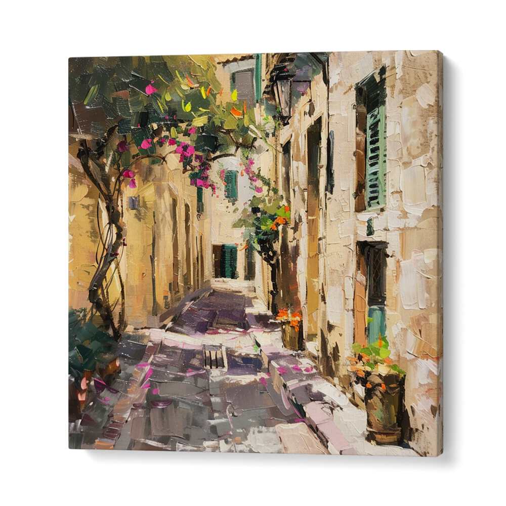 ALLEYWAY MALLORCA showcases a charming, elegant street scene with vibrant flowers and warm architectural details.