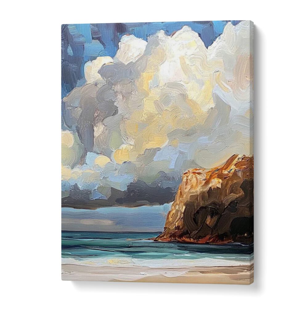 CLOUDY DAY AT THE BEACH II showcases a serene coastal landscape with dramatic clouds, perfect for tranquil home décor.