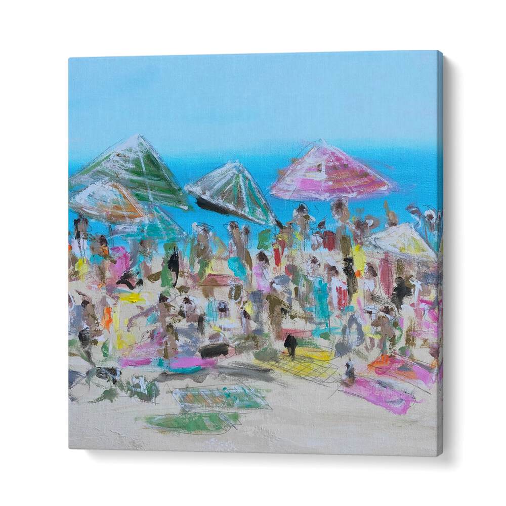 Colorful beach scene with umbrellas, capturing the essence of VIBRANT BEACH BLISS, BEACH PAINTINGS for seaside lovers.